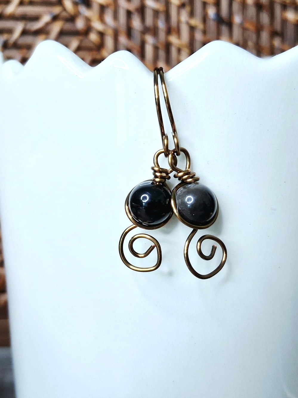 Black Obsidian Spiral Drop Earrings Bronze